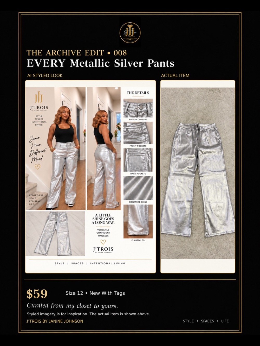 J'Trois Metallic Silver Wide-Leg Pants
